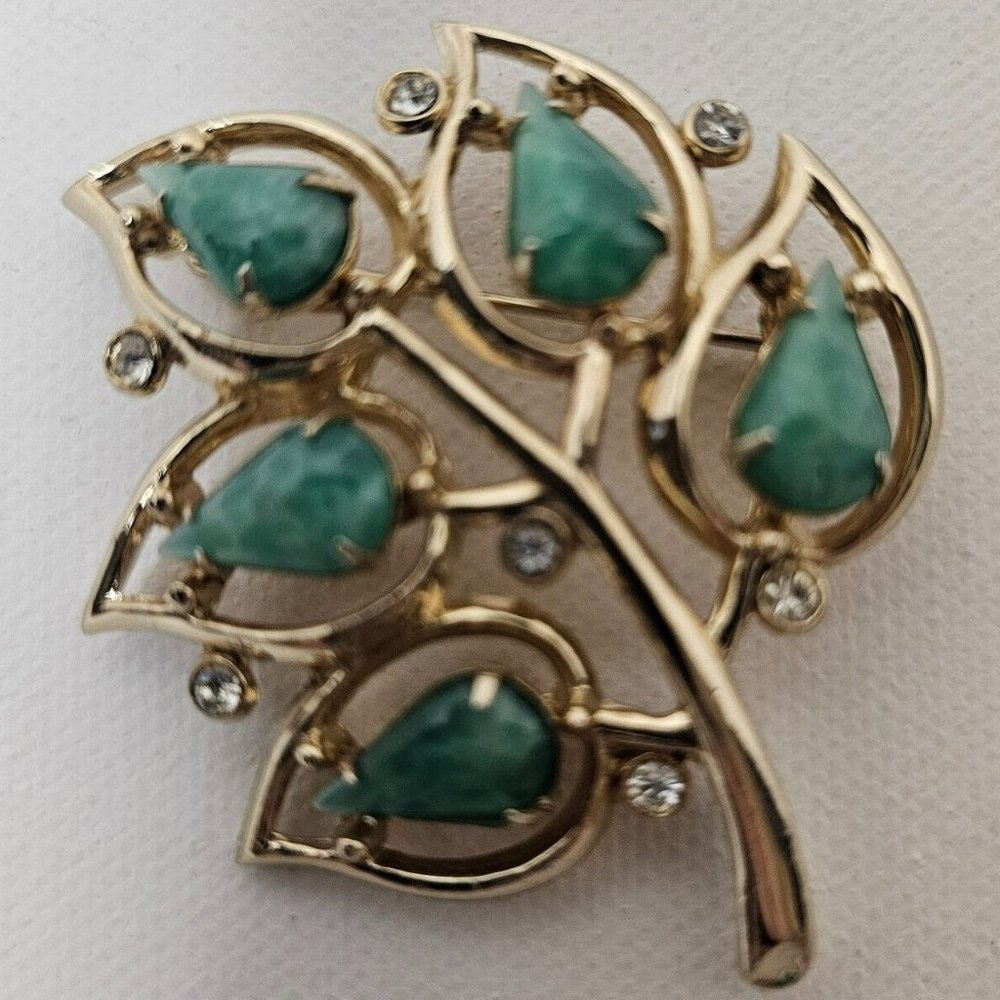 Gold Tone Green Insets Clear Rhinestone Whispering Leaves Brooch Pin Not Marked